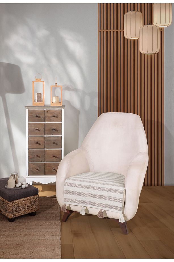 Liva Ponponlu Bej Berjer 2 Adet Tekli Koltuk Örtüsü 115x90 Cm Berjer Şalı Püsküllü - 7