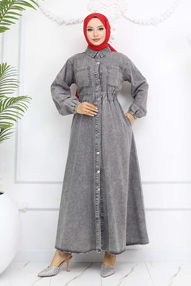 Düğmeli Kot Elbise Siyah 6101 - 1