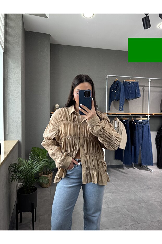 Wrinkled Fabric Draped Camel Women's Shirt
