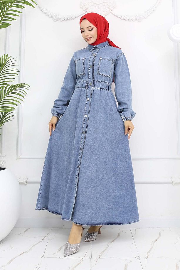 Düğmeli Kot Elbise Mavi 6101 - 5