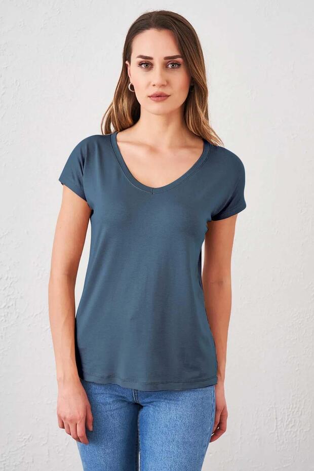 Women's Navy Blue V-Neck Wide Casual T-Shirt