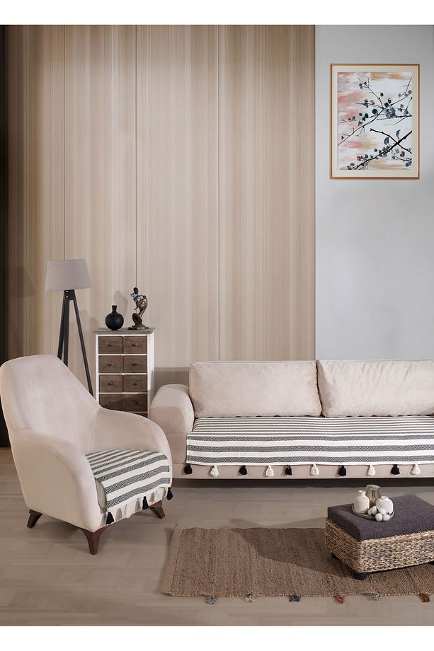 Liva Ponponlu Siyah Berjer 2 Adet Tekli Koltuk Örtüsü 115x90 Cm Berjer Şalı Püsküllü - 3