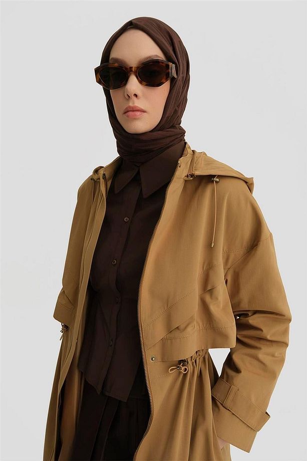 Çift Allerli Seyyar Kapüşonlu Pamuk Kap 24k7511 Camel - 3