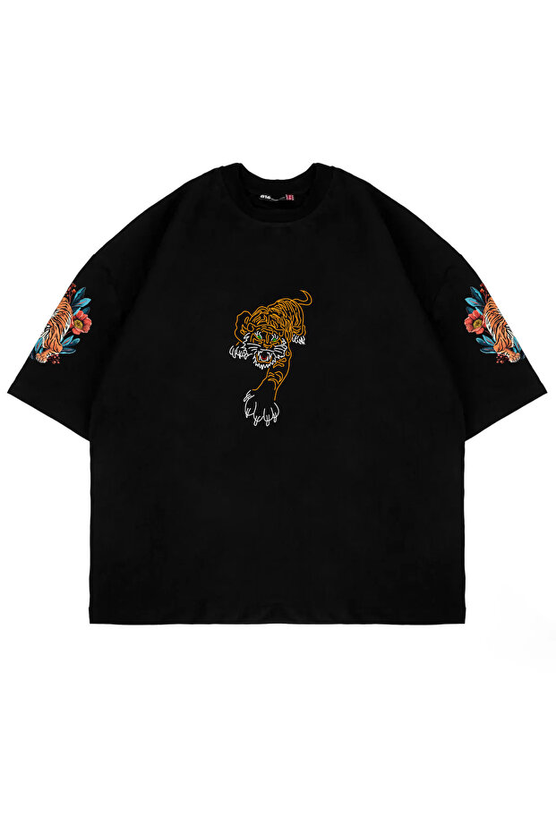 Premium Unisex Black Tshirt with Tiger Chest Printed Sleeves