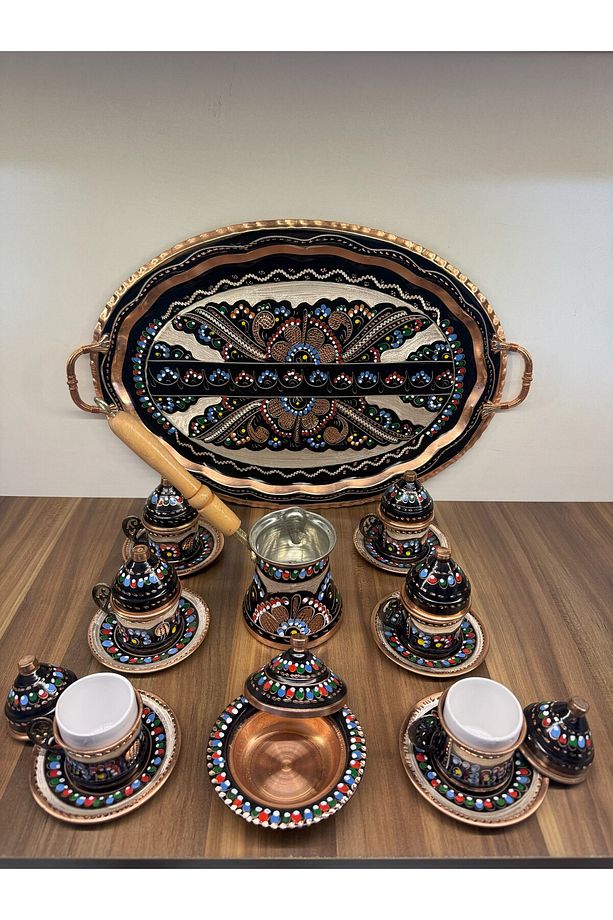 Bakır Kahve Seti 6 Kişilik Set (Tepsi, fincan, cezve ve lokumluk) - 3