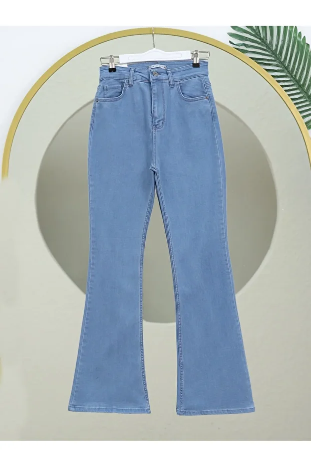 İspanyol Paça Yüksek Bel Kot Pantolon   -Açık Mavi - 1