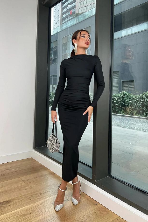 Kadın Siyah Soft Touch Drape Detay Maxi Elbise - 1