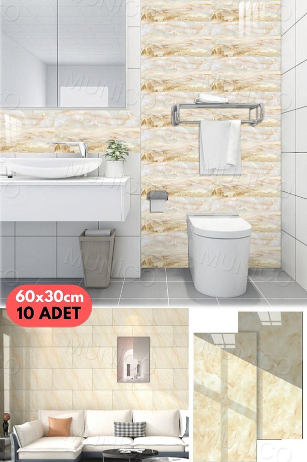 10PC 60x30 Cm Kendinden Yapışkanlı Sarı 3D Şık Fayans Duvar Yapıştırma Duvar Kağıdı Dekorasyon - 7