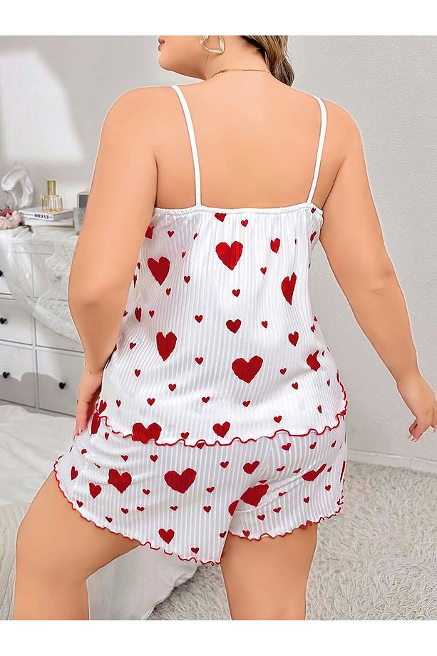 Büyük Beden Kalp Baskılı Üst ve Şort Pijama Takımı - 4