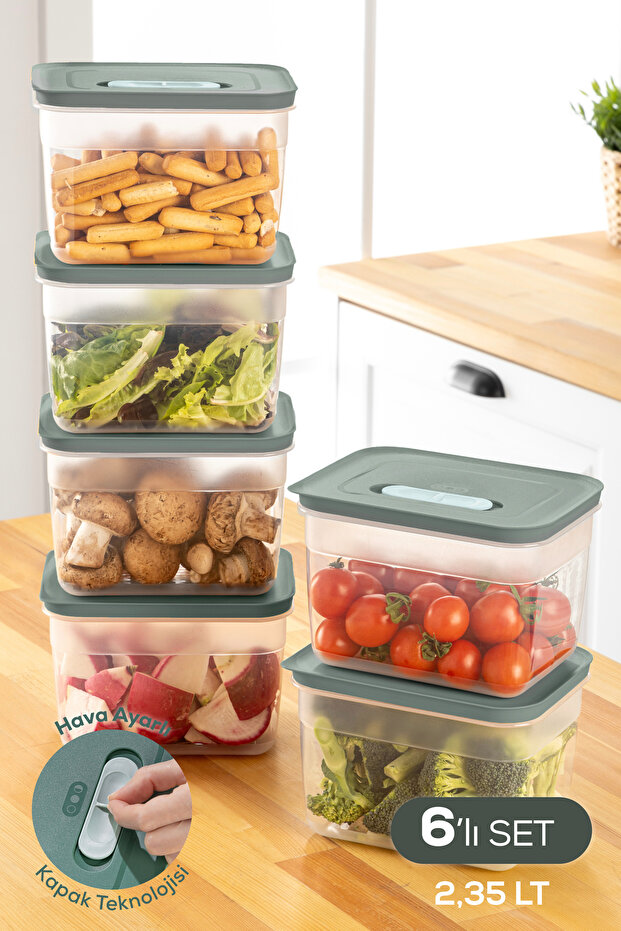 حاوية تخزين الخضروات والفواكه قابلة للتعديل مع قنوات هوائية، 6 قطع، 6x(2.35 لتر) باللون الأخضر