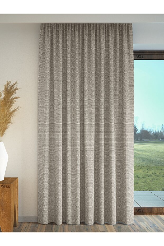 Light grey linen textured background curtain with extrafor pleats