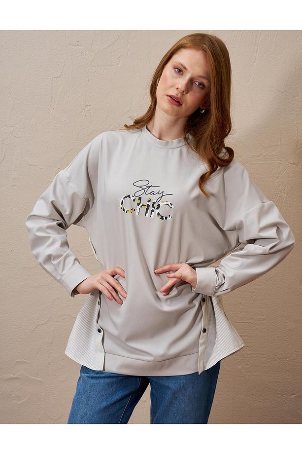 Sloganlı Sweatshirt Gri - 1