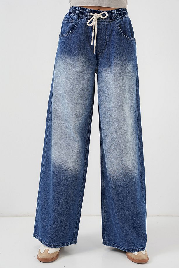 Kadın Bol Paça Kot Pantolon 6705 - Lacivert - 4
