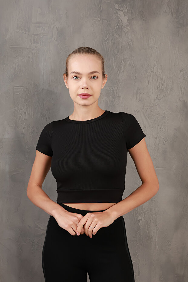Corded Elastic Waist Crew Neck Crop Missbz2368