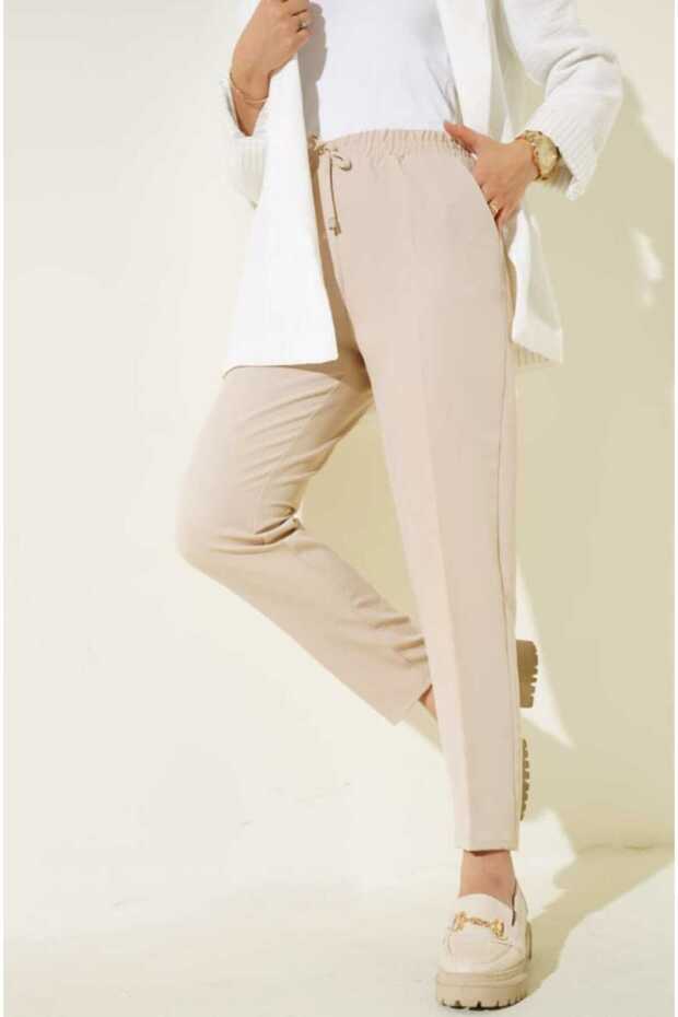 Women's Rope Detailed Elastic Waist Skinny Leg Black Trousers