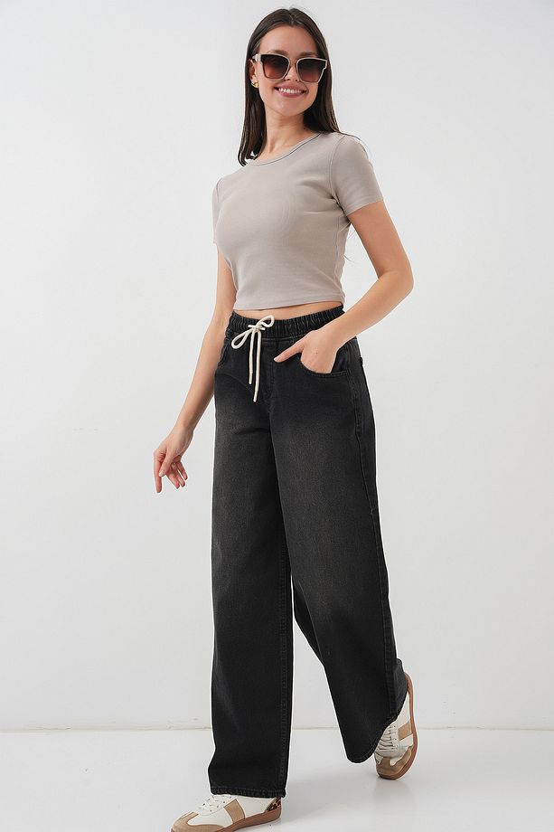 Kadın Bol Paça Kot Pantolon 6705 - Siyah - 3