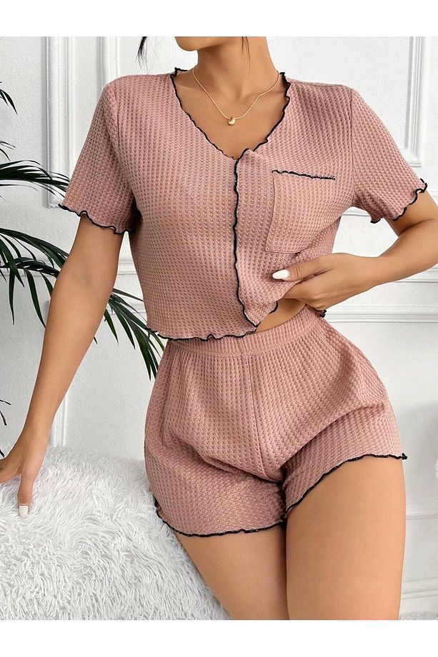 Gül Kurusu Pamuklu Özel Örme Kumaş Pijama Takımı - 1