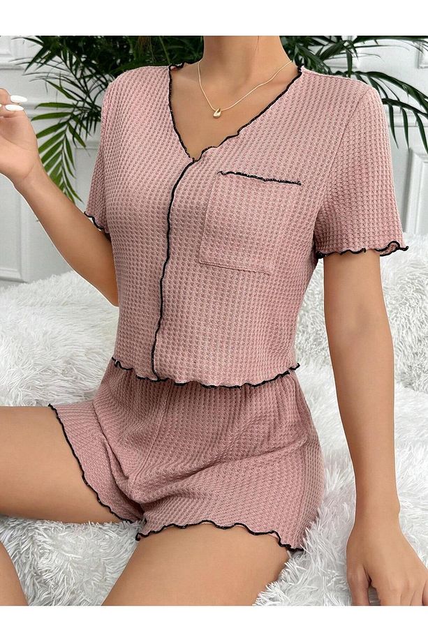 Gül Kurusu Pamuklu Özel Örme Kumaş Pijama Takımı - 4