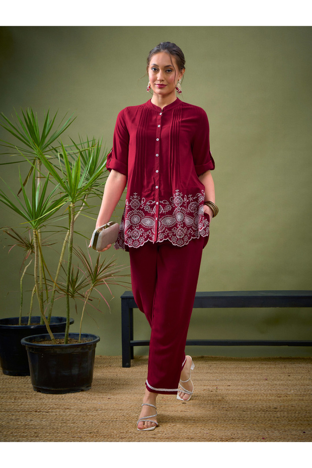 Embroidered Hem Shirt with Roll Up Sleeves & Pants Co-Ord