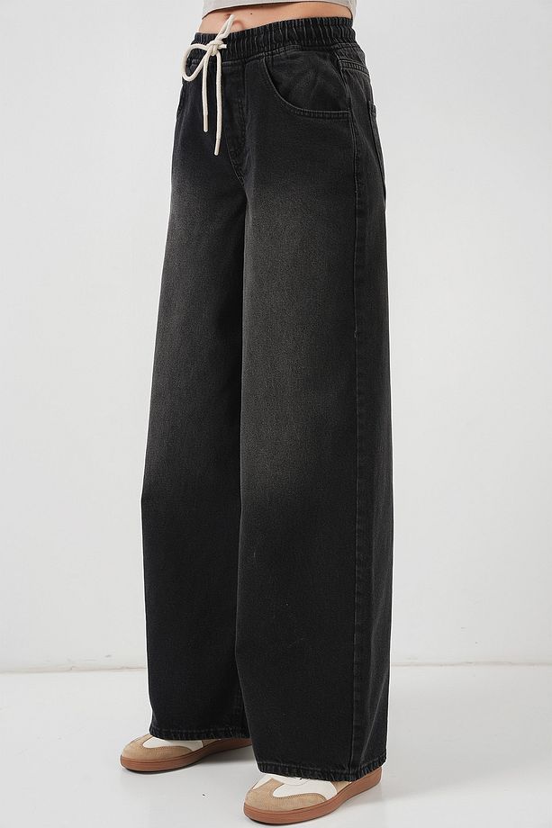 Kadın Bol Paça Kot Pantolon 6705 - Siyah - 2