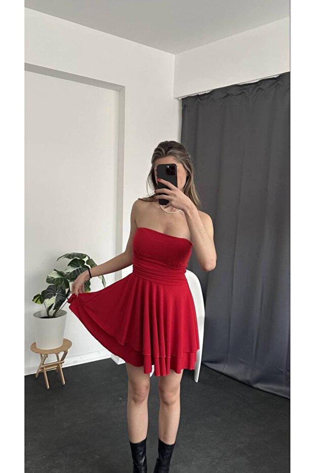 Women's Red Color Double Layer Strapless Dress