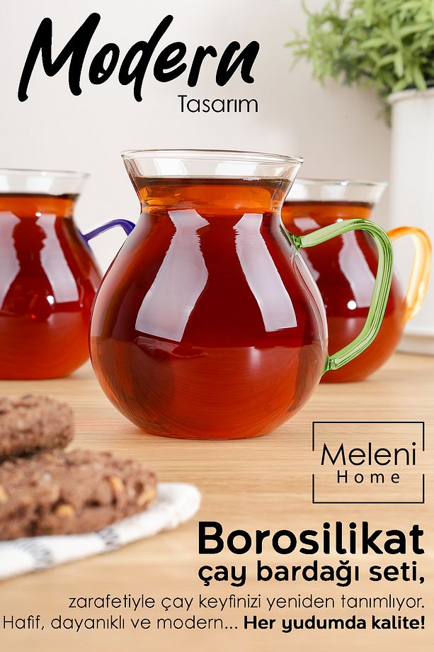 6'lı Renkli Kulplu Borosilikat Cam Çay Bardağı Seti - Kulplu Tombul Cam Bardak 200 ml - 2