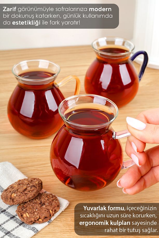 6'lı Renkli Kulplu Borosilikat Cam Çay Bardağı Seti - Kulplu Tombul Cam Bardak 200 ml - 3