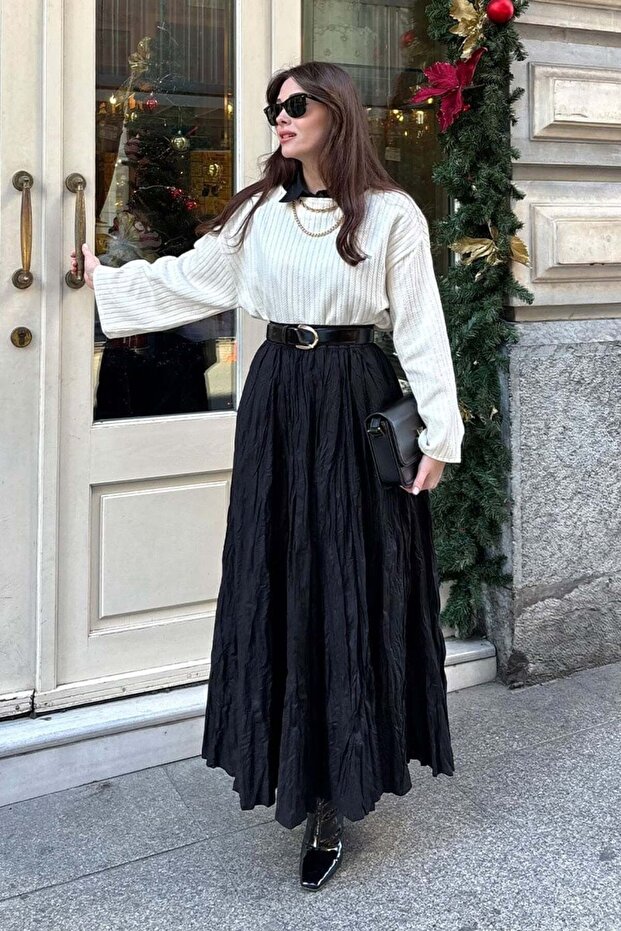 Kadın Pileli Kırışık Crash Etek - 2