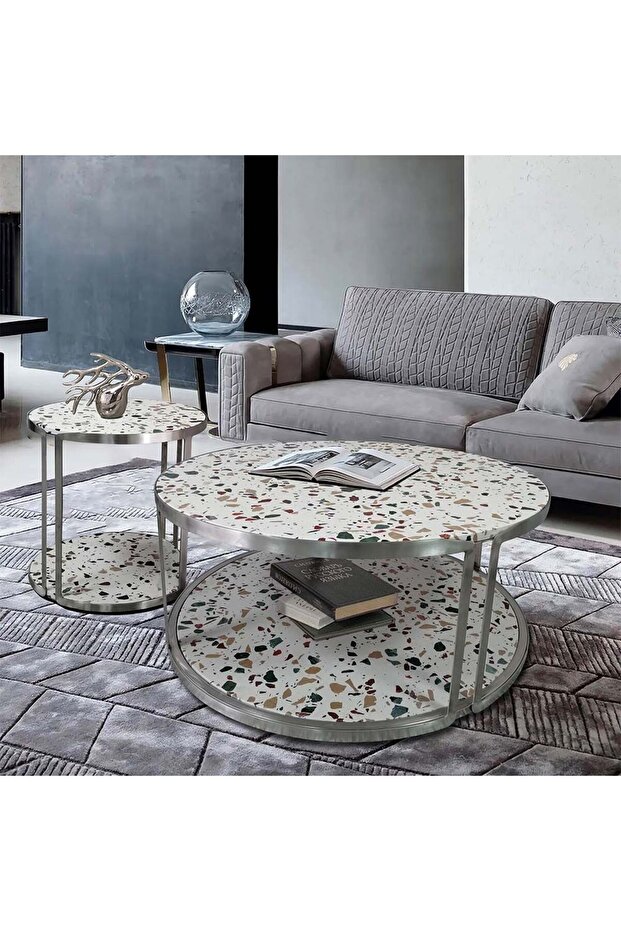 Venveto Round Coffee Table L90xW90xH40cm - White Pattern