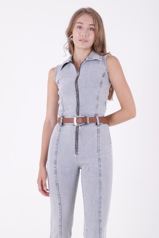 Decorative Belt Detailed and Sleeveless Zip-Up Casual Jeans Women's Jumpsuit Snow Wash Light Blue Denim