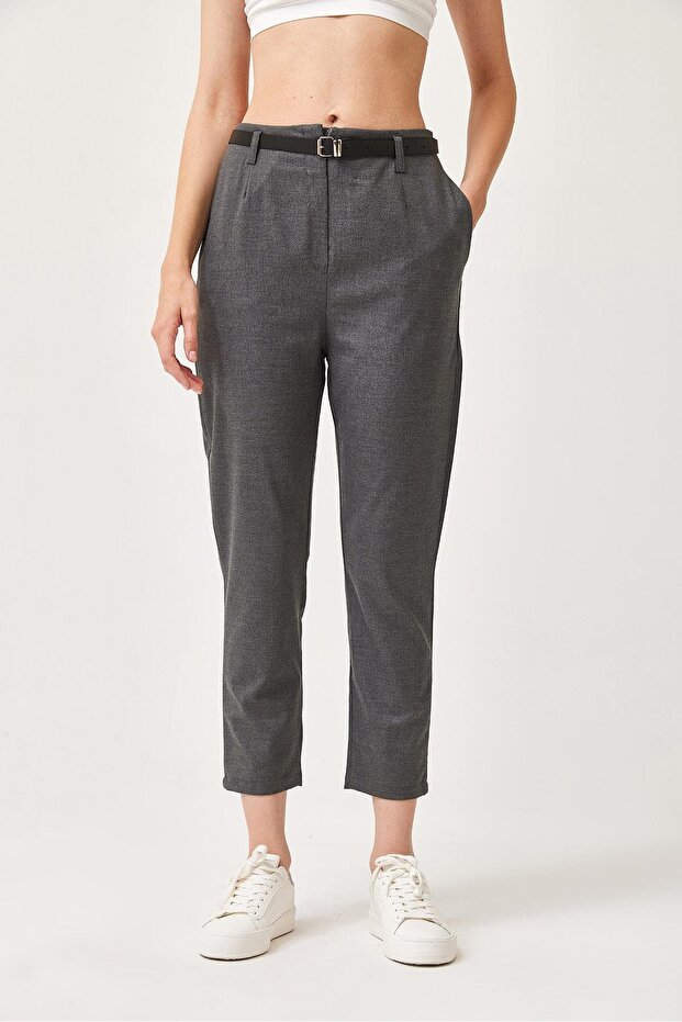 Zippered Belt Detailed Woven Fabric Trousers Smoked