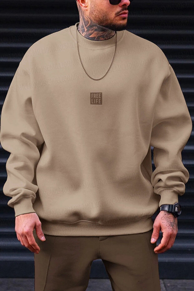 Men's Stone Free Life Printed Thick Soft 3 Thread Raised 0 Zero Collar Oversize Loose Sweatshirt