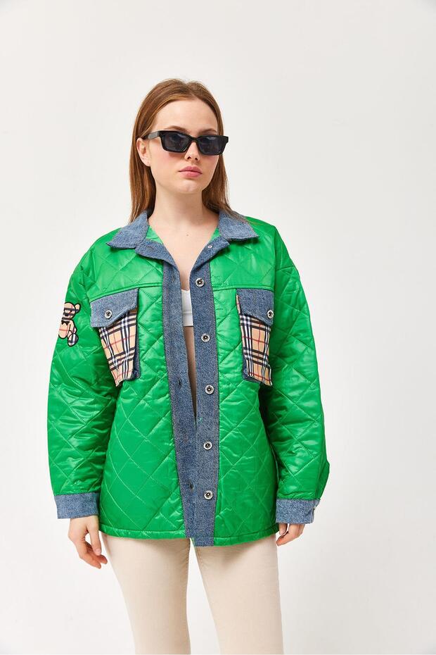 Quilted Jacket with Sleeve and Pocket Denim Detail Green