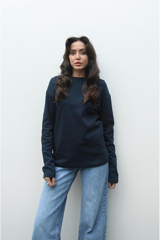 Navy Blue Interlock Textured Sweatshirt