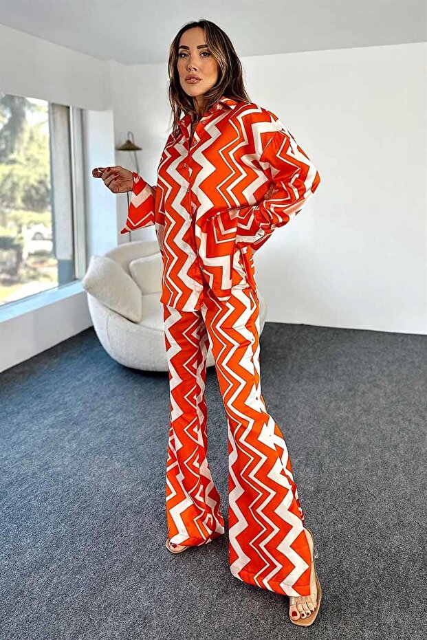 Women's Patterned Spanish Leg Shirt Pants Orange Satin Suit