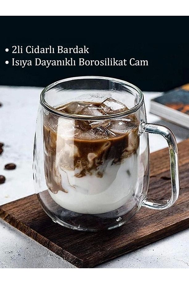 Çift Cidarlı Cam Bardak Kupa Çift Katlı Isı Yalıtımlı Espresso Latte Bardağı 2 Adet - 1