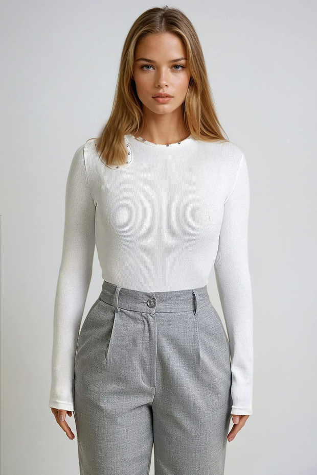 Women's White Crew Neck Out Cut Cut-Out Pearl Studded F Corded Fabric Knitted Blouse Prmx13331