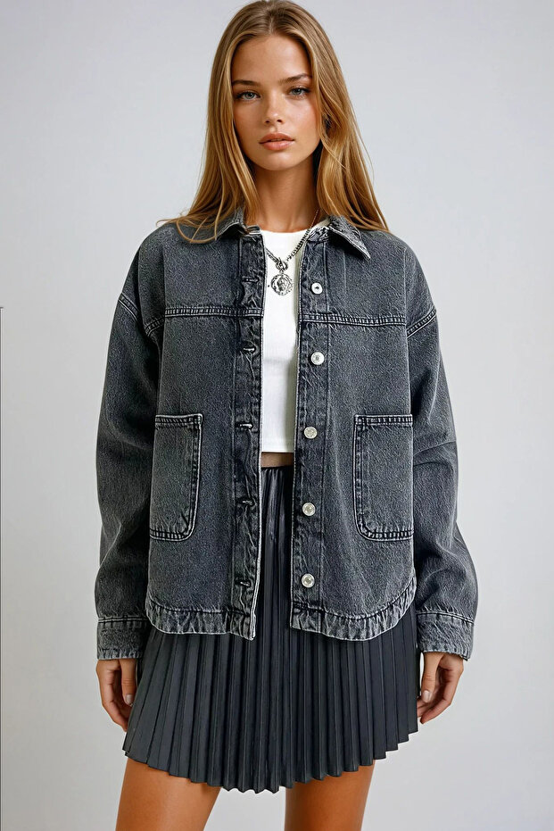 Women's Anthracite Pocket Detailed Washed Jean Jacket Prmx13311