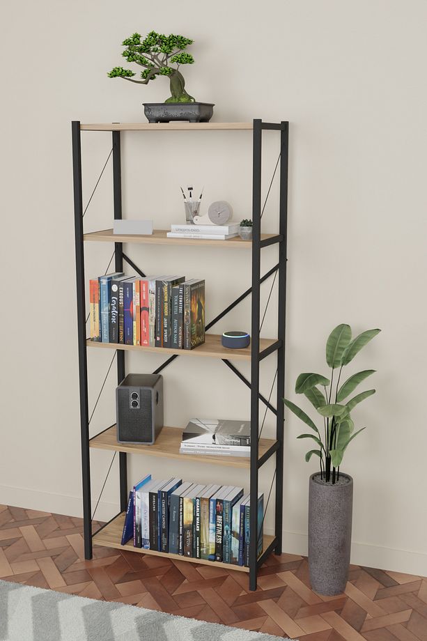 Ahşap Net Plus Kitaplık 5 Katlı Dekoratif Raf Garantisiz Kahverengi Modern Modern - 2