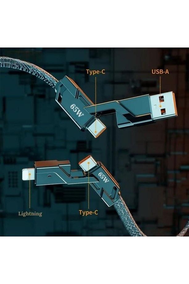 4 In 1 65w Usb Type-c Ve Lightning Örgülü Şarj Data Kablosu - 1.5m Siyah (CAR PLAY DESTEKLEMEKTEDİR) - 5