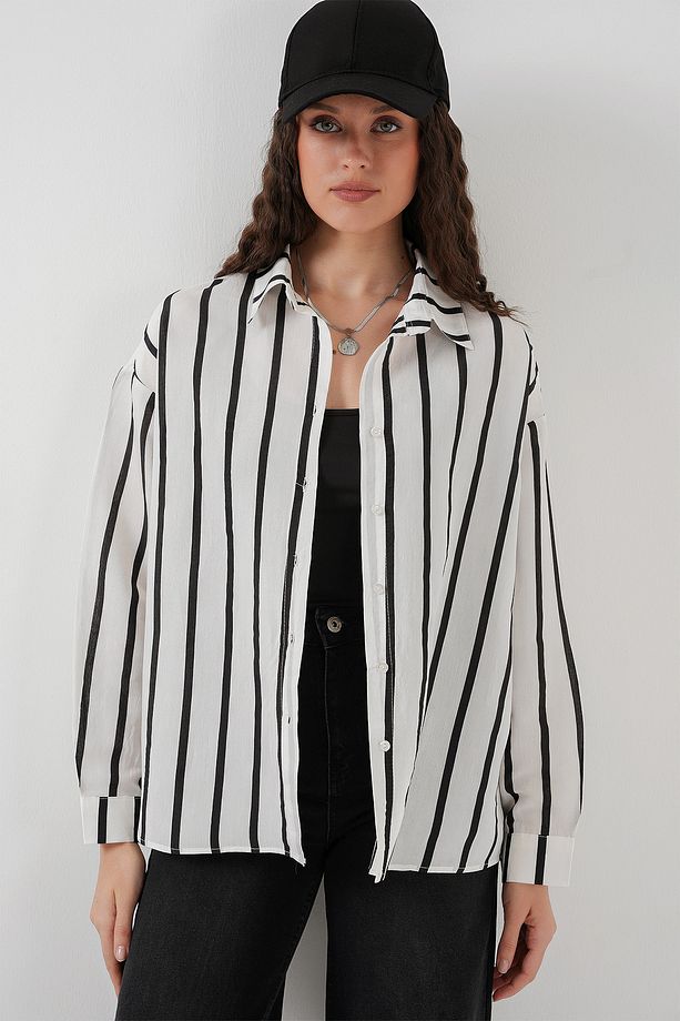 20254 Çizgili Oversize Basic Gömlek - Siyah - Beyaz - 4