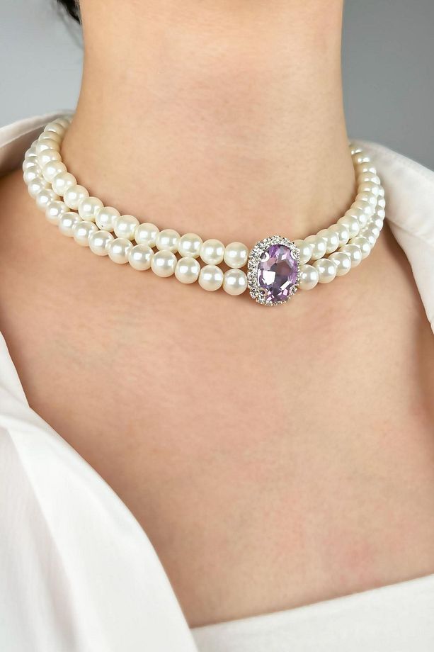 Kristal Uçlu Inci Choker Kolye - Mor - 3