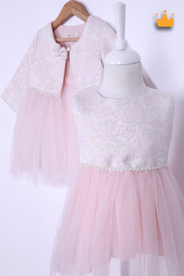 1-5 years old girl's patterned jacquard bolero, holiday dress, wedding dress, evening dress, 2-piece set, powder pink 2027
