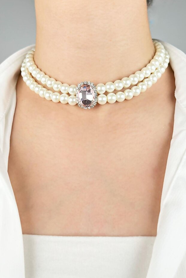 Crystal Tipped Pearl Choker Necklace - Pink