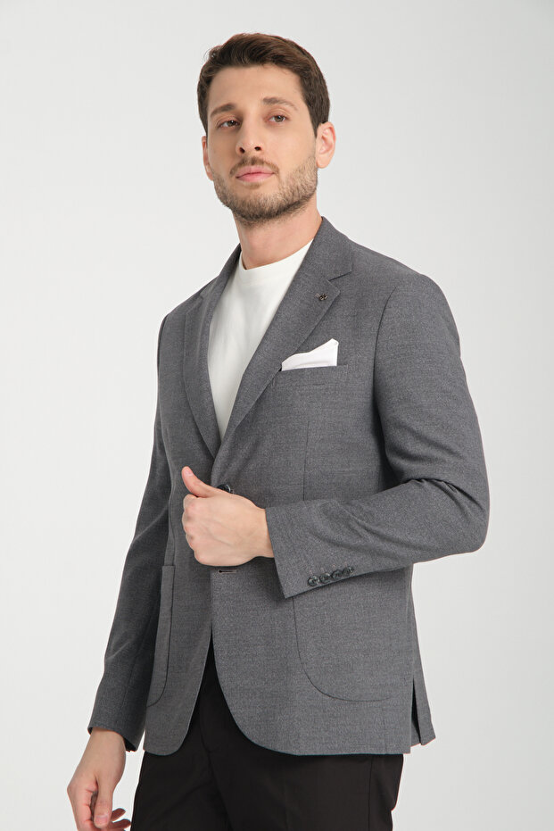 Tadic Men's Dark Gray Patterned Stretch Fabric Slim Fit Bag Pocket Half Lining 4 Season Blazer Jacket
