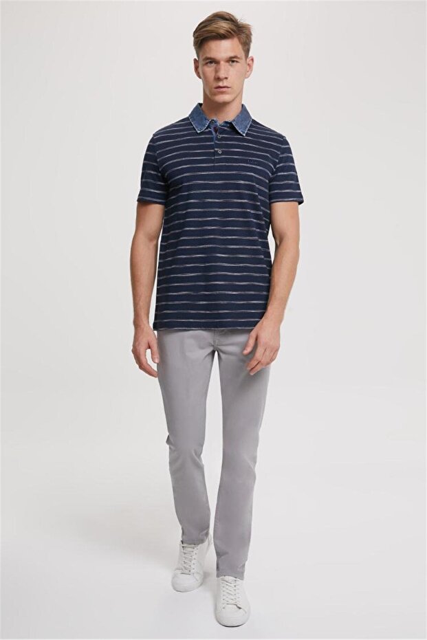Matty men's denim collar striped t-shirt navy blue