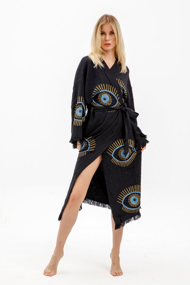 Muslin Kimono 100% Cotton Eye Printed Patterned Bathrobe Kaftan Dressing Gown Black