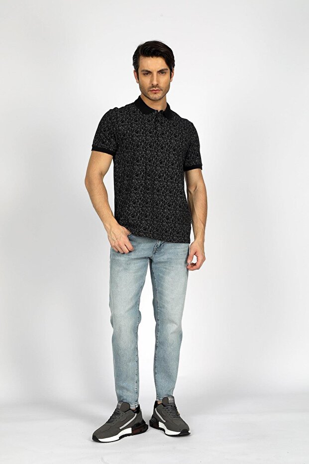 Multi Men's 100% Cotton Printed Pique Polo Neck T-Shirt Black