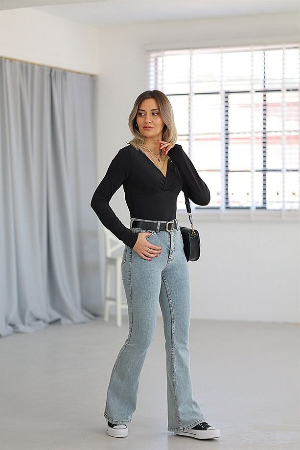 Julia Mavi Kar Yıkama Gold Ispanyol Ispanyol Jean Yüksek Bel Kot Pantolon - 4