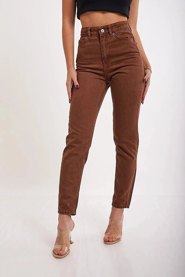 Penolope Women's Coffee Lycra Mom Jean High Waist Coffee Pants 2024